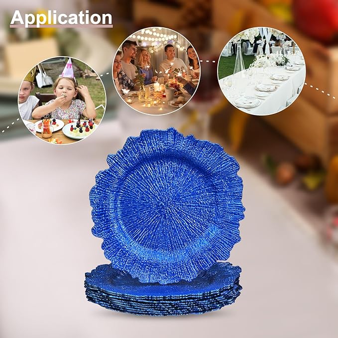 uxcell 10pcs Reef Charger Plates Bulk, 13 Inch Plastic Floral Charger Plates, Round Plate Chargers for Dinner Wedding Party Event Table Setting Decoration Blue