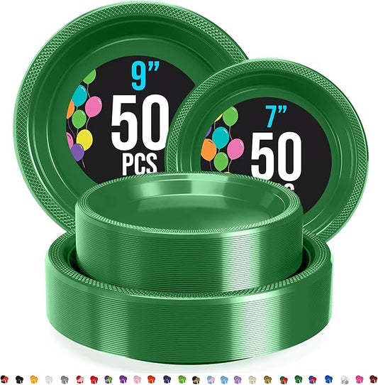 Party Solids Green Plastic Plates For Party Supplies, Green Disposable Plates 100 Pieces - 50-7" & 50-9" Heavy Duty 350 GSM Disposable Dinnerware Sets, Plastic Dinnerware Sets