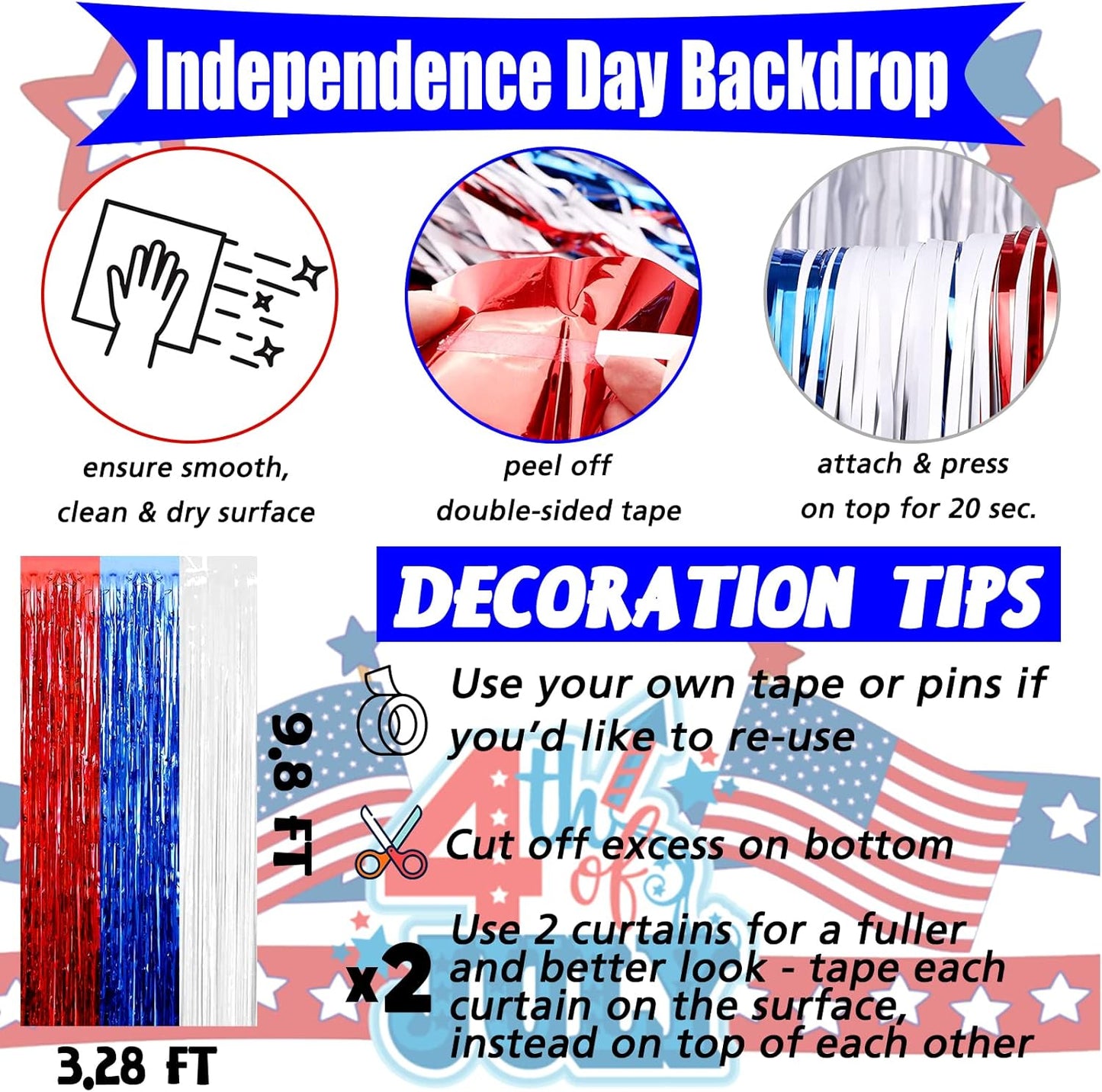 4 Pack 3.2Ft x 9.8Ft Independence Day Fringe Curtain Backdrop, Red Blue White Metallic Tinsel Foil Fringe Streamers Curtains Background for Photo Booth Birthday Wedding Carnival Party Decorations