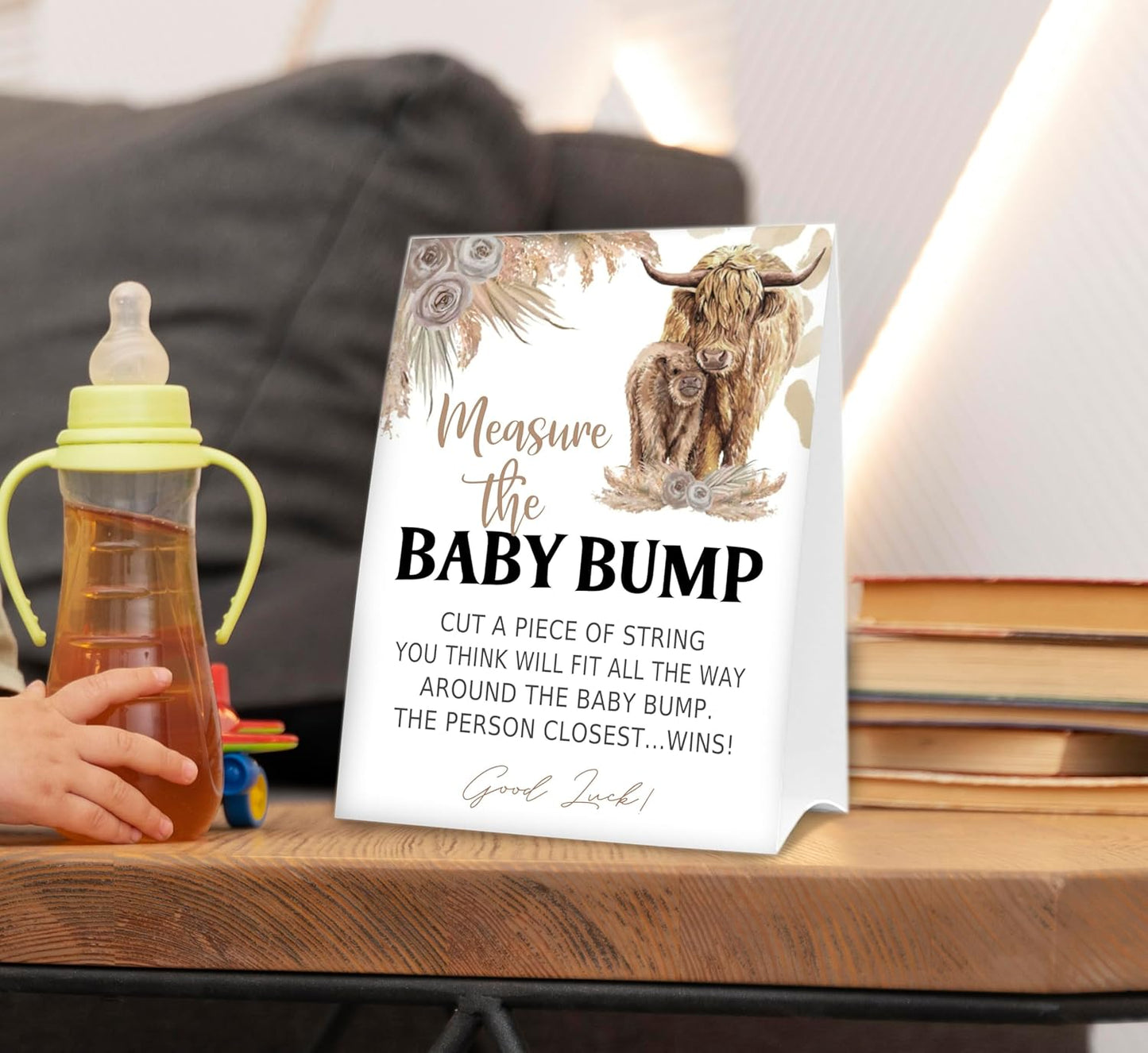 Baby Shower Games Measure the Baby Bump Sign, How Big is Mommy's Belly Party Favors Supplies, 5x7 Inch Kraft Standing Sign and 50 Guessing Cards, Holy Cow, Boho Highland Cow
