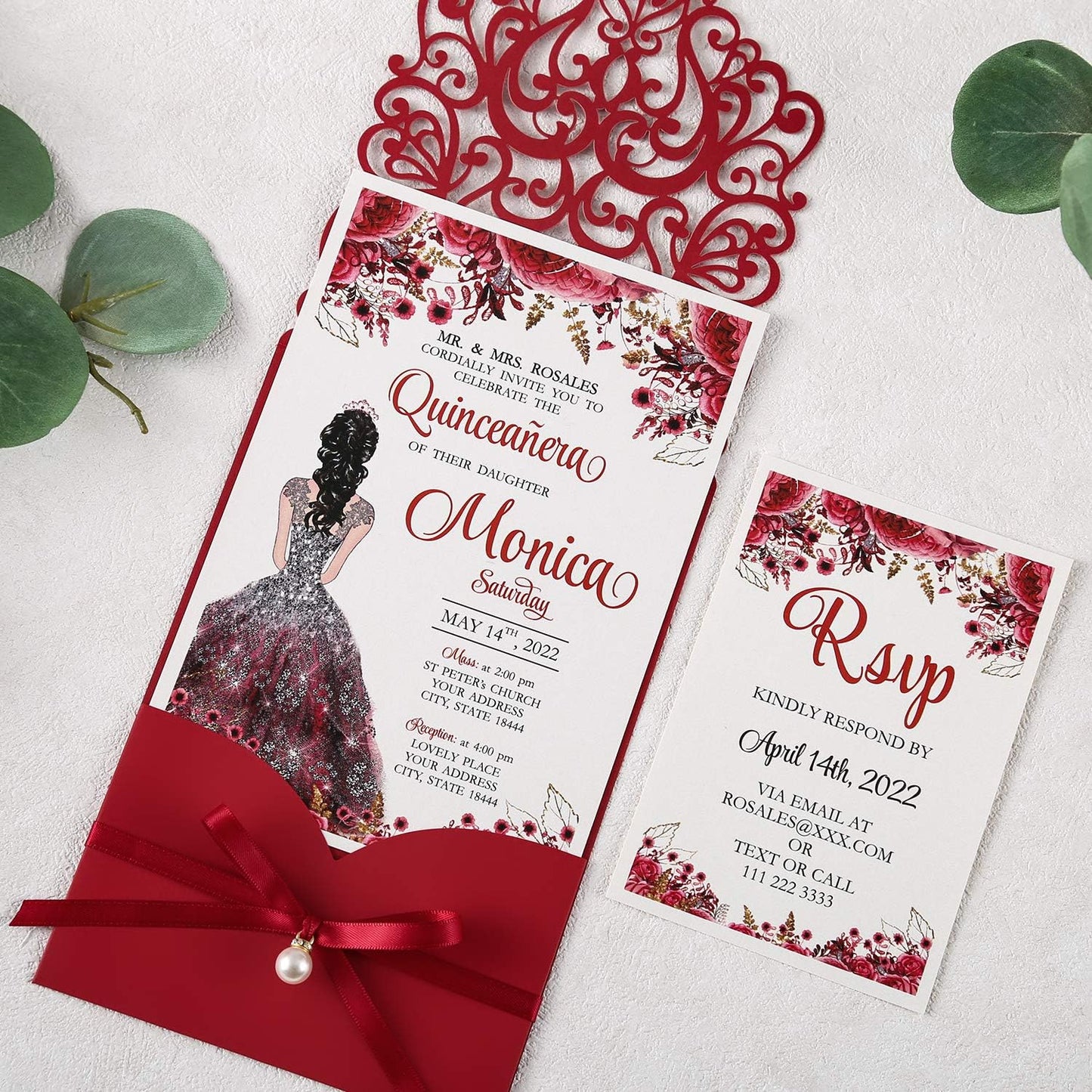 5X7.2 Inch 50PCS Personalized Laser Cut Red Quinceanera Invitations With RSVP Cards and Envelopes And Ribbon Belly Band with Pearl Embellishments for Wedding