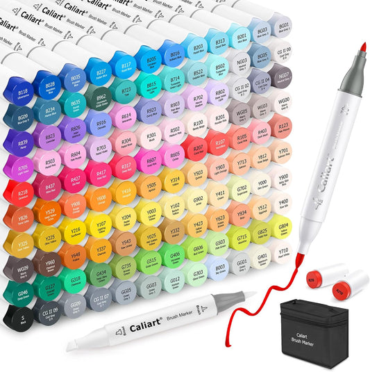 Caliart Alcohol Markers Brush Tip, 121 Colors Dual Tip Artist Sketch Marker Set Brush & Fine, Permanent Drawing Pen Art Supplies Gifts for Kid Adult Coloring Book Illustration