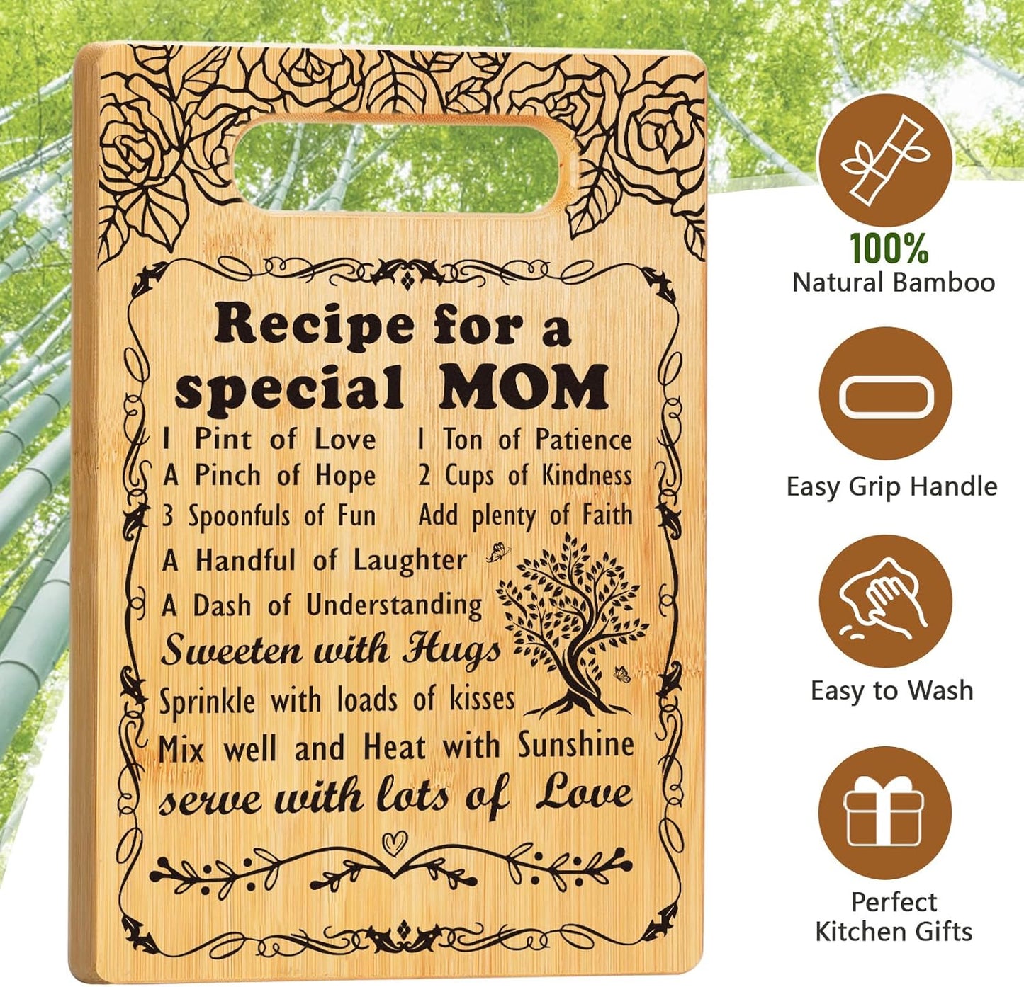 Birthday Gift for Mom, Recipe for a Special Mom- Christmas Birthday Mom Gifts from Daughter Son Cutting Board Set, Engraved Utensil Best Mom Ever Gifts Ideas Mom Gifts for Mother New Mom Step Mom