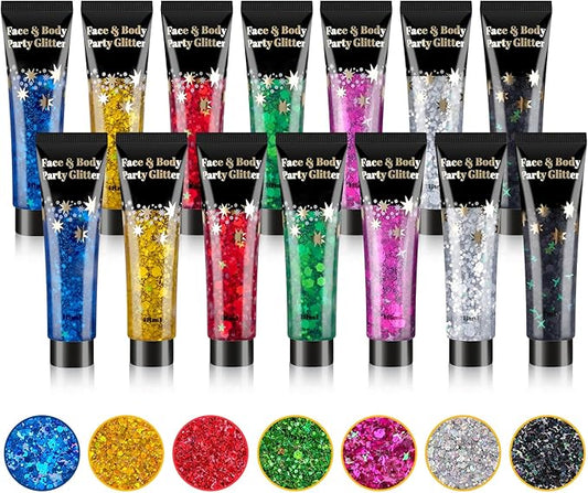 AROIC Face Glitter, 14Pcs Mardi Gras Accessories, Body & Hair Glitter Gel Sparkle Makeup for Women Party Rave Outfits, Concerts Festival Face Paint，Rave Accessories Music Festivals Black Light Party