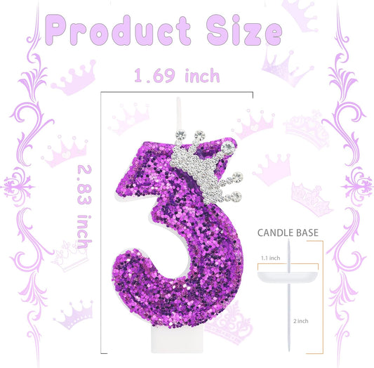 Birthday Candle for Cake, Crown Purple Number Candles, 2.76 inch Cake Topper Decoration for Birthday Party (Number 3)