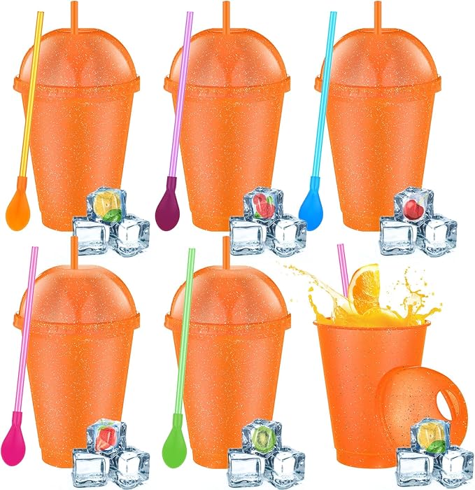 6 Set Slushie Cups with Dome Lids and Straws Detachable Spoon Straws Reusable Plastic Iced Coffee Cups Smoothie Tumbler for Birthdays Summer Party Supplies(Orange,16 oz)