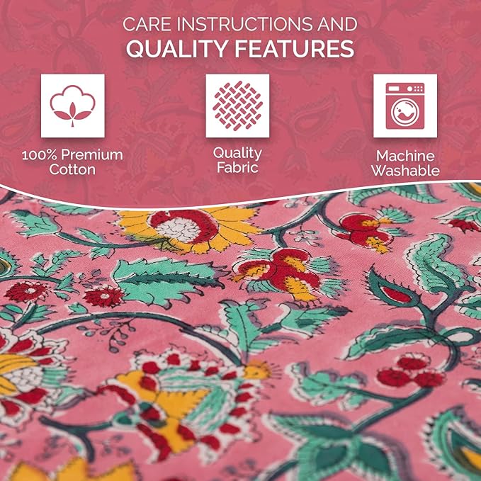 Labhanshi Indian Hand Block Print Table Cloth|French Floral 10 Seater 72x135 Inches Rectangle Cotton Table Cover|Spring Easter Patio Dining Tablecloth|Garden Tea Party Table Decor|Pink Sparkles
