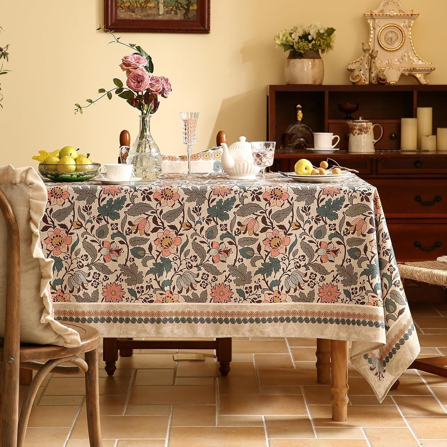 ISAENNE Designer Boho Floral Long Rectangle Tablecloth,Linen Lotus Flower Pattern Colorful Indoor Table Cloth,Durable Decor Tablecloths for Dining Thanksgiving Kitchen Christmas,63"*94"-Hazel A