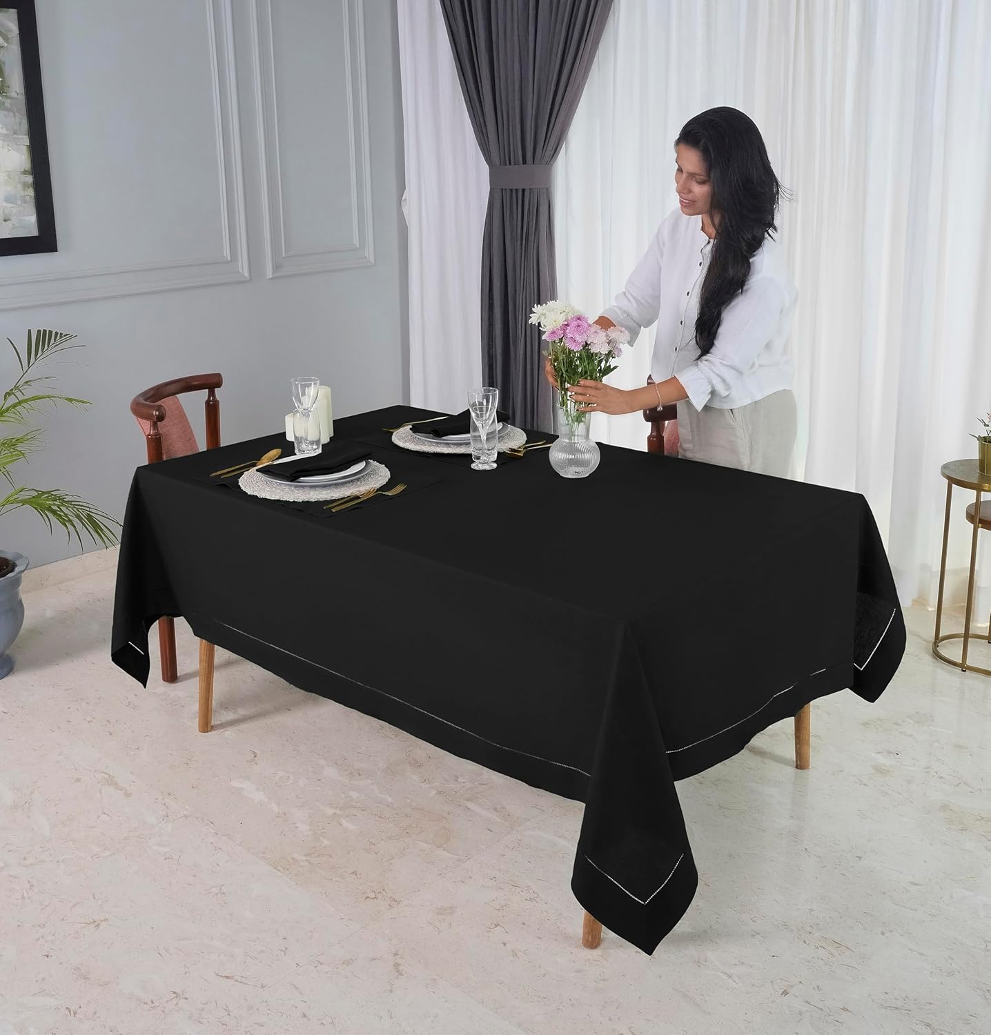 D'Moksha Homes Black Linen Tablecloth for Rectangle Tables 60 x 90 Inch - 100% Pure Linen Black Table Cloth - Classic Hemstitch, Machine Washable Tablecloth for Fall, Autumn and Halloween