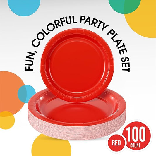 Exquisite Red Paper Plates Disposable Heavy Duty 100 Pcs - 50-7" & 50-9" Red Disposable Plates For Party Heavy Duty Paper Plate 350 GSM Birthday Party Supplies Plate Set