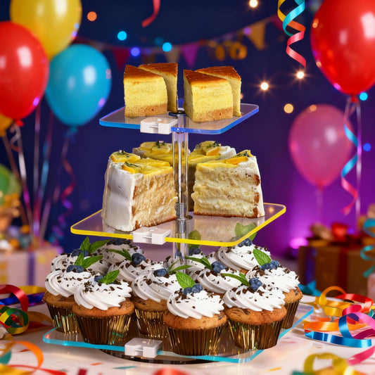 3-Tier Rotating Cupcake Stand with LED Lights - 360° Spinning Display Tower for Desserts, Cakes & Pastries - Rechargeable 7-Color Changing Serving Tray for Weddings, Parties & Festive Gatherings (Clear Acrylic)