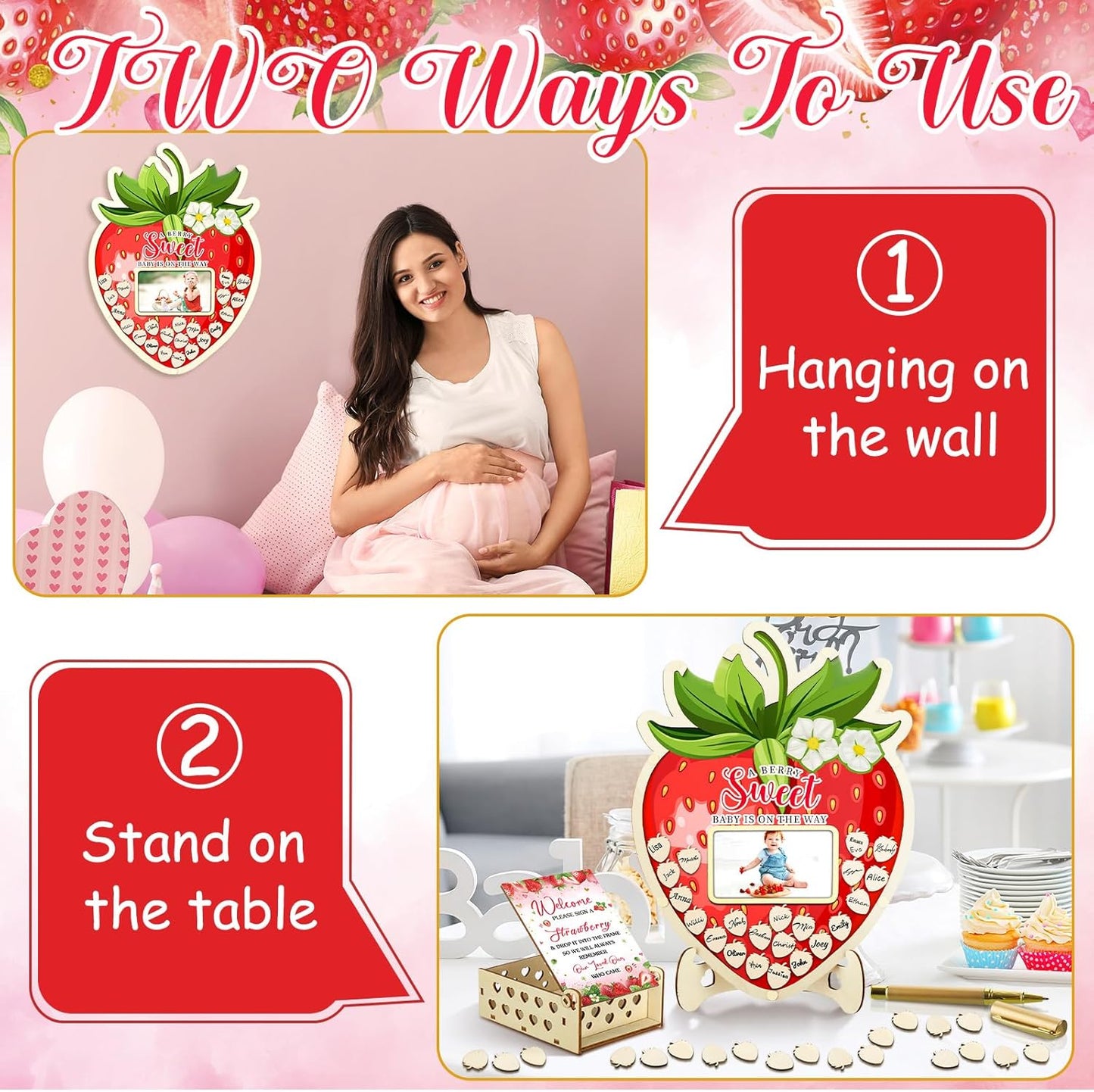 Wenqik 63 Pcs Strawberry Baby Shower Guest Book Alternatives Set Baby Shower Decorations with Photo Frame Sonogram Frame Keepsake 60 Wood Slices Guest Book for Birthday