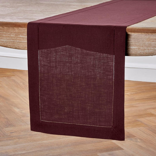 Solino Home Linen Burgundy Table Runner 108 Inches Long - 100% Pure Linen 14 x 108 Inch Table Runner for Fall, Autumn, Thanksgiving, Christmas - Classic Hemstitch