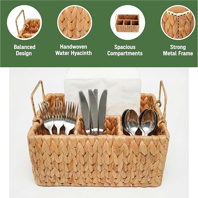 Wicker Utensil Holder with Handle – Handwoven Water Hyacinth Flatware Caddy with 4 Compartments – Rustic Cutlery Organizer for Kitchen, Dining Table, Picnic & BBQ