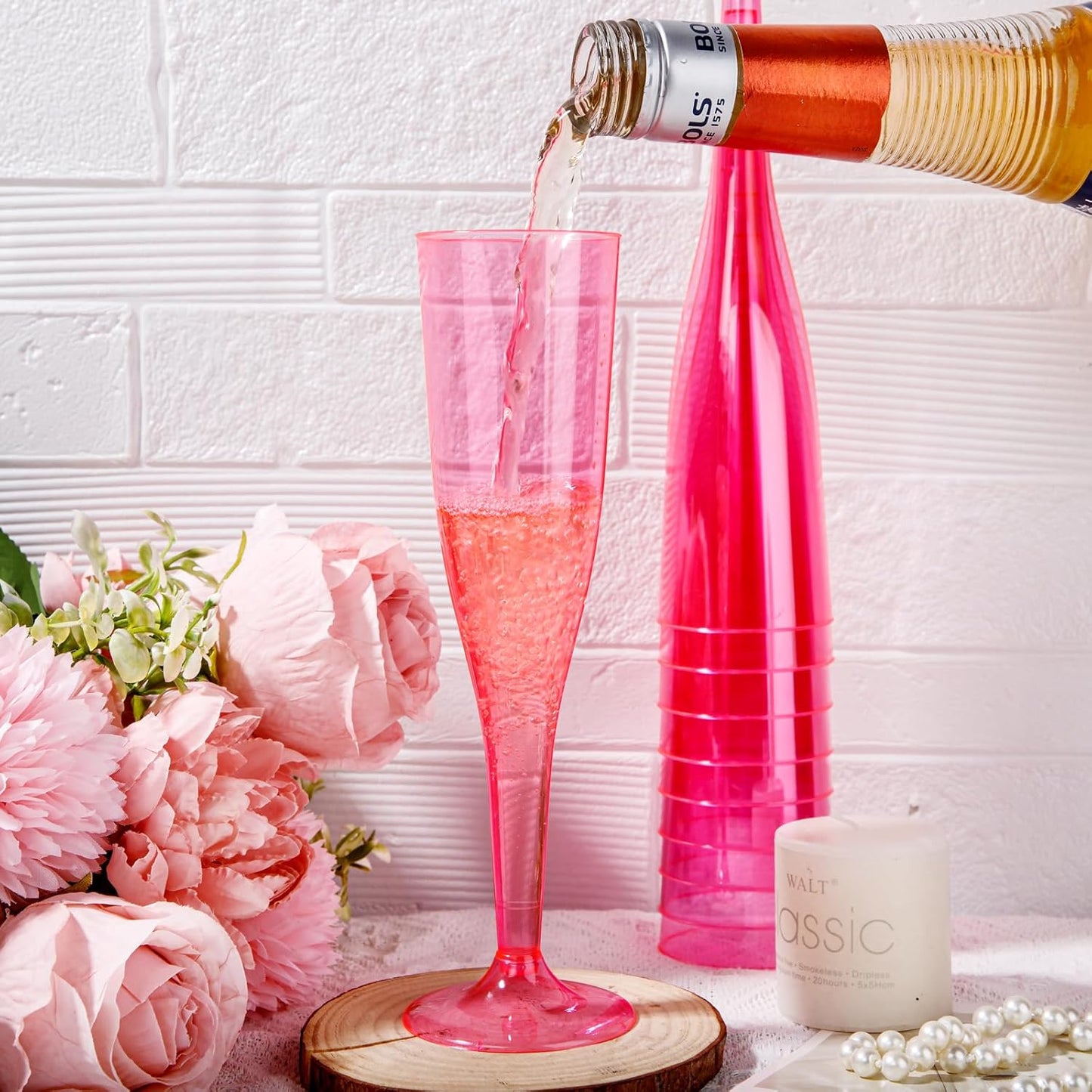 WDF 36 Pack Clear Pink Plastic Champagne Flutes - 7OZ Pink Champagne Flutes Plastic, Champagne Glasses Disposable for Party