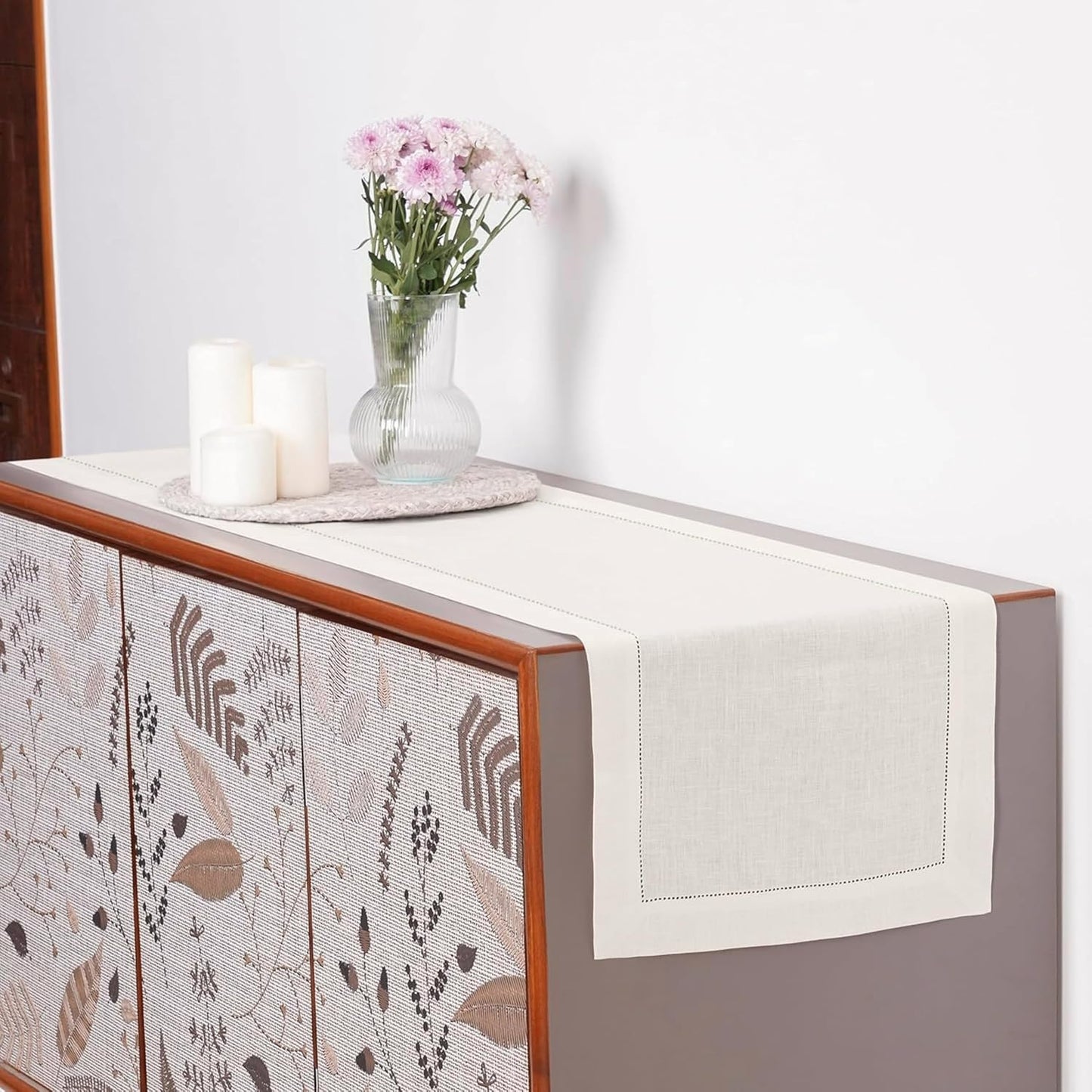 D'Moksha Homes Linen Ivory Table Runner 72 Inches Long - 100% Pure Linen Hemstitch Table Runner 14 x 72 Inch for Dresser, Dining, Fall, Autumn and Halloween - Classic Hemstitch