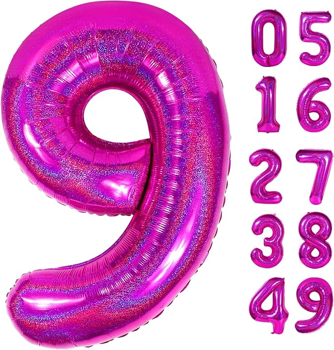 Laser Hot Pink 9 Balloon, Number Balloons 40 Inch, 9th Giant Birthday Decorations for Girls,19th 29th Party Decorations Supplies, Number 9 Balloon