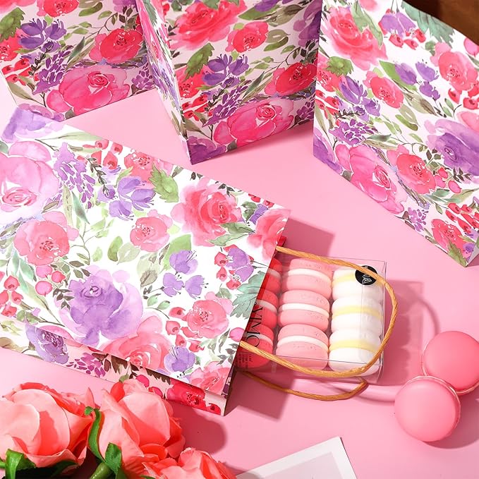 JarThenaAMCS 24Pcs Floral Kraft Paper Bags with Handles Summer Watercolor Purple Flower Treat Gift Bag Blossom Candy Goodie Bag for Wedding Birthday Baby Shower Party Favors Supplies