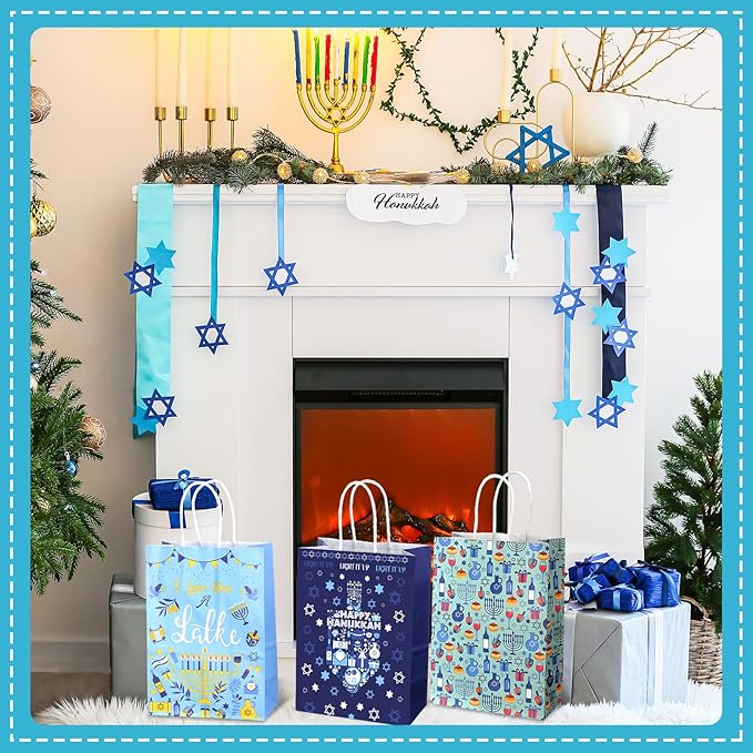 Outus 24 Pcs Hanukkah Party Favor Bags Chanukah Gift Goodie Paper Bags with Handles Blue Star of David Dreidel Candy Treat Pouch for Happy Hanukkah Party Decorations Supplies