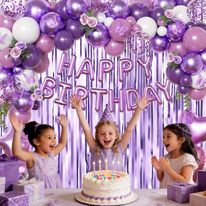 Purple Birthday Decorations for Women Girls, Metallic Dark Dusty Purple White Purple Foil Confetti Balloons Happy birthday Banner Purple Butterfly Fringe Curtains Birthday Decorations