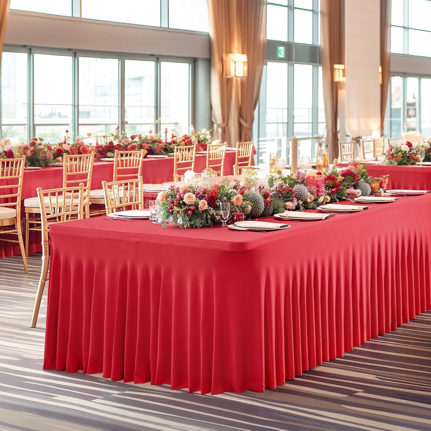 PARTISKY Red Spandex Tablecloth for 8ft Rectangle Tables, Stretchable Table Cover Skirt for Folding Tables Weddings Parties Banquets Events Trade Shows and Dessert Table