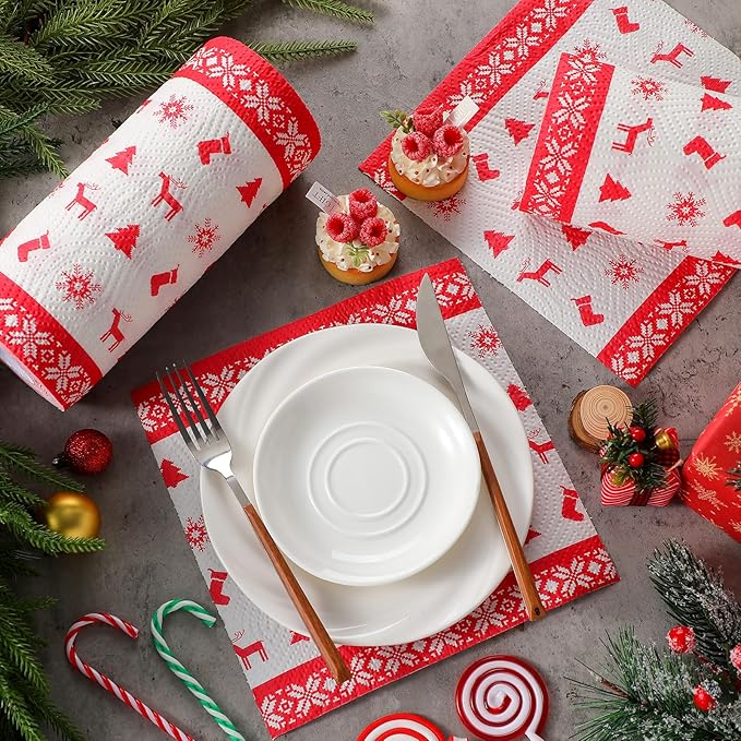 4 Rolls Christmas Kitchen Paper Towels Grease Proof Food Liner Fried Food Snacks Wrapping Paper 9 x 9 Inches for Holiday Kitchen Business Restaurant