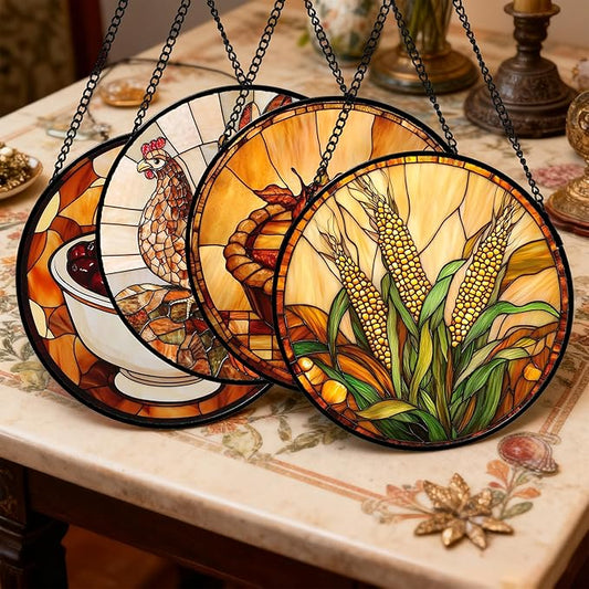 Stained Glass Window Hanging 4 Pcs Set Brown Turkey Berry Corn Large 15" - Suncatcher Door Garden Sun Catcher Decor Birthday Thanksgiving Mother's Day for Mom Woman Nana Men