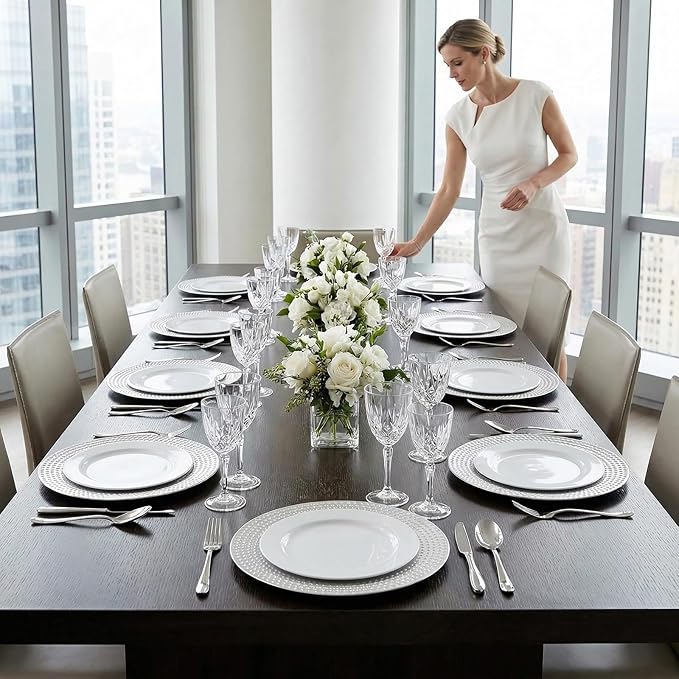 Nicunom Silver Charger Plates Set of 12, Round Charger Plates with Hammered Rim, 13 Inch Plastic Charger Plate for Wedding Dinner Party Event Decoration