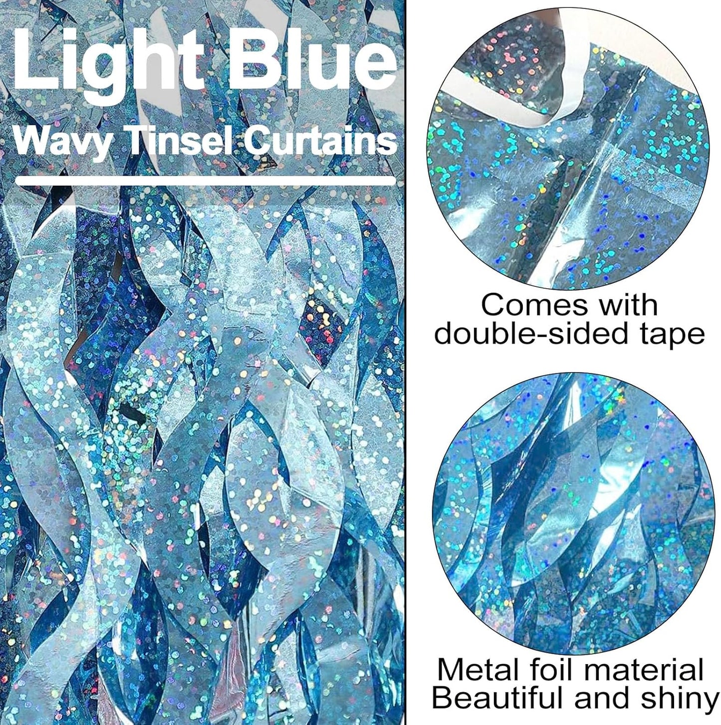 4 Pack Light Blue Fringe Curtain Backdrop 3.2Ft x 8.2Ft Metallic Tinsel Foil Fringe Streamers Background for Photo Booth, Easter, Mother's Day, Bachelorette, Wedding, Birthday Party Decoration