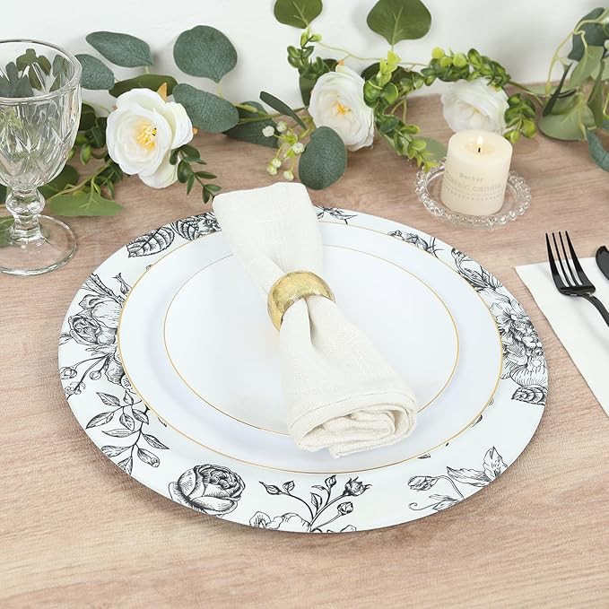 Efavormart 6-Pack Acrylic Charger Plates 13" Round White with Black Floral French Toile Pattern - Decorative Dinner Party Charger Tableware