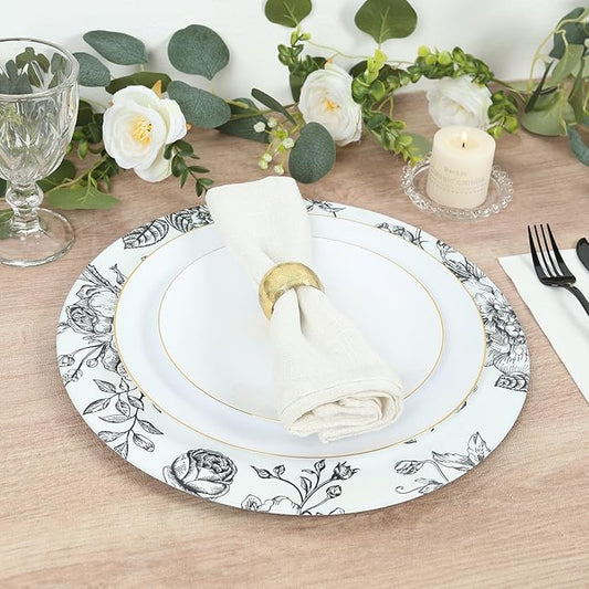 Efavormart 6-Pack Acrylic Charger Plates 13" Round White with Black Floral French Toile Pattern - Decorative Dinner Party Charger Tableware