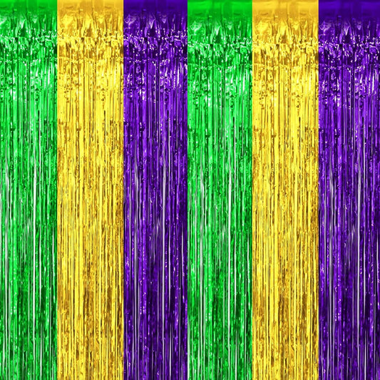 4 Pack Mardi Gras Foil Fringe Curtain Backdrop, 3.28Ft x 6.56Ft Gold Green Purple Metallic Tinsel Foil Fringe Streamers Curtains for Photo Booth, Wedding, Birthday, Carnival Party Decoration