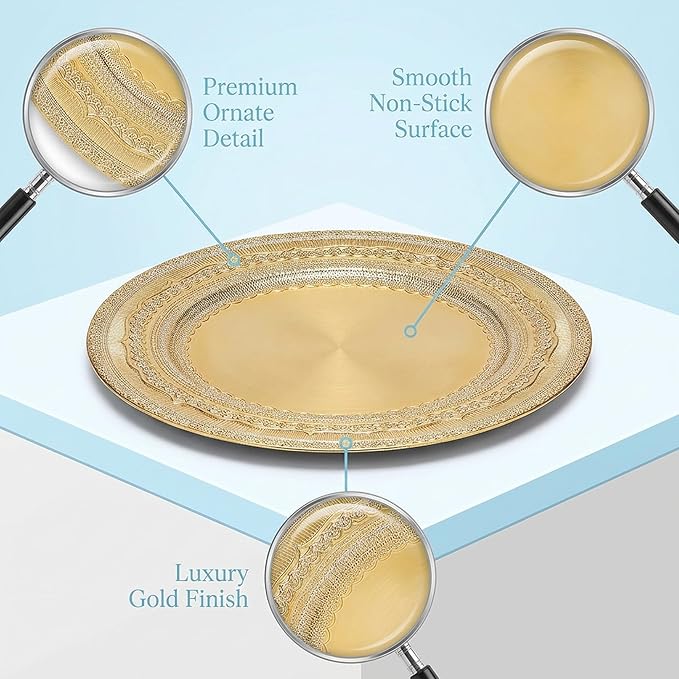 13 IN Gold Charger Plate Collection, 12-Piece Plastic Decorative Plates, Disposable Charger Plates Bulk for Anniversary Halloween Bachelor Party (Lace Gold, 12 PCS)