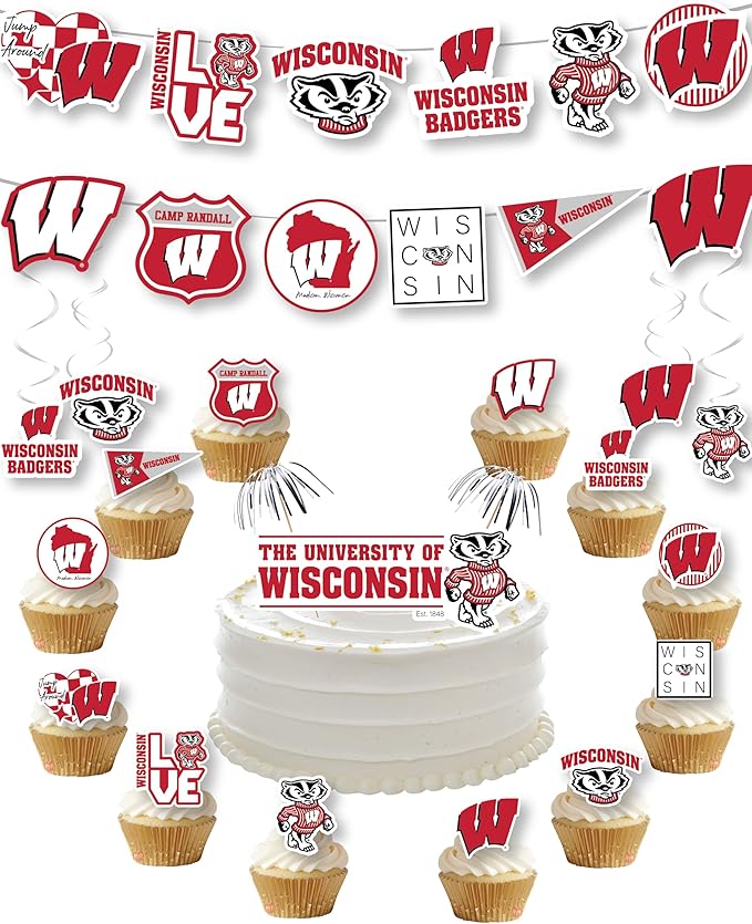Wisconsin Party Supplies for UW Football, Birthday Gift, Graduation Party Banner and Cake Toppers (42 Pieces) (Wisconsin Badgers)