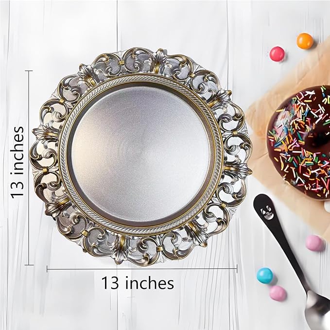 6 Pack Silver Charger Plates 13" Round Charger Plates for Dinning Plates with Embossed Rim Plastic Charger for Dinner, Wedding, Elegant Tableware Decor