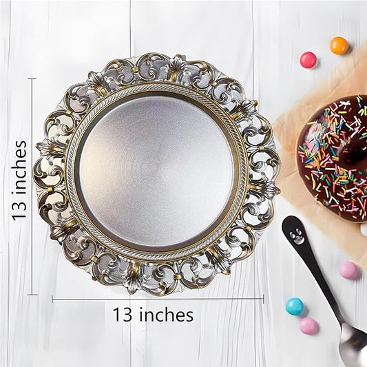 6 Pack Silver Charger Plates 13" Round Charger Plates for Dinning Plates with Embossed Rim Plastic Charger for Dinner, Wedding, Elegant Tableware Decor