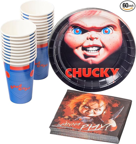 Silver Buffalo Chucky Wanna Play 60 Pack Partyware Disposable Paper Plates, Napkins, and Cups