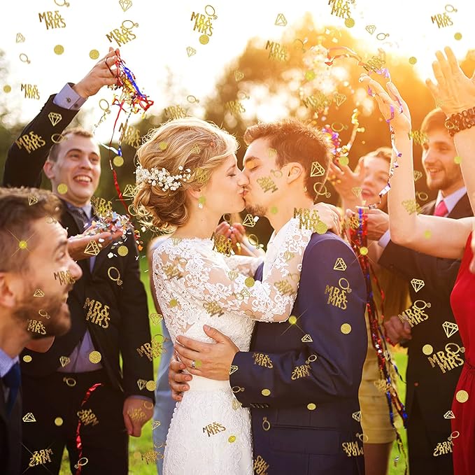 220 Pieces Gold Wedding Table Confetti, Paper Mr and Mrs Gold Diamond Ring Circle Dots Diamond Glitter Confetti for Marriage Ceremony Anniversary Valentine