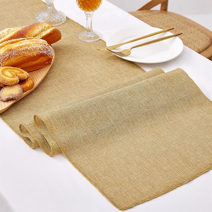 B-COOL 4 Pieces Burlap Table Runners: 13x108 Inch Khaki Rustic Jute Table Runner Thanksgiving Table Cover for Farmhouse Macrame Boho Fall Party Home Dining Decorations