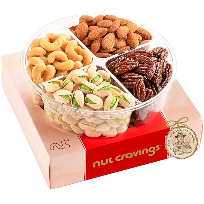 NUT CRAVINGS - Halloween Treats For Adults Mixed Nuts Gift Basket in Red Gold Box (4 Assortments) Holiday Xmas Christmas Food Arrangement, Healthy Snack Care Package, Food Assortments