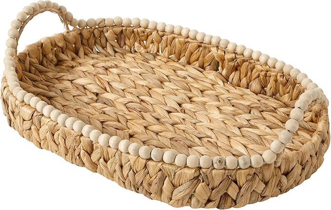 Gibson Home Riverrun Grove 17" Woven Decorative Serving Tray – Large Natural Water Hyacinth Basket w/Wood-Bead Trim & Handles for Coffee Table Décor, Ottomans, Centerpieces & Kitchen Counter Display