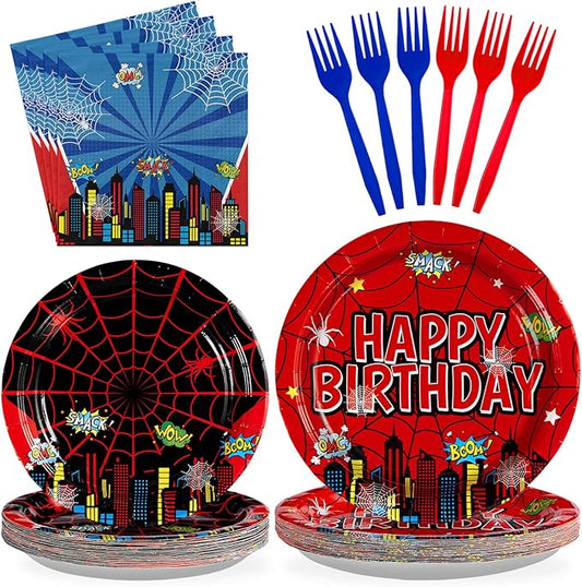 Grencian 96Pcs Cartoon Spider Birthday Party Decorations Red Blue Spider Birthday Plates and Napkins Disposable Hero Paper Tableware Set for Kids Baby Shower Super Theme Party Supplies, Serves 24