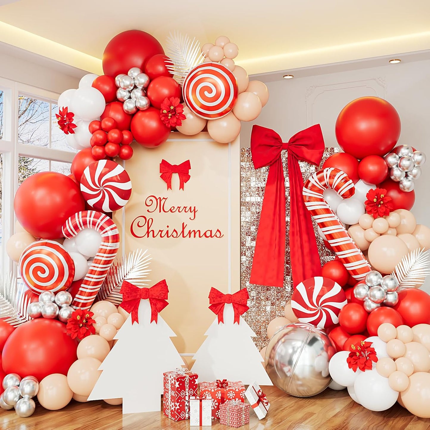 Christmas Balloon Garland Arch Kit, Red White Silver Apricot Balloons Candy Cane Foil Balloons Christmas Backdrop for Xmas Winter Holiday Party Decorations