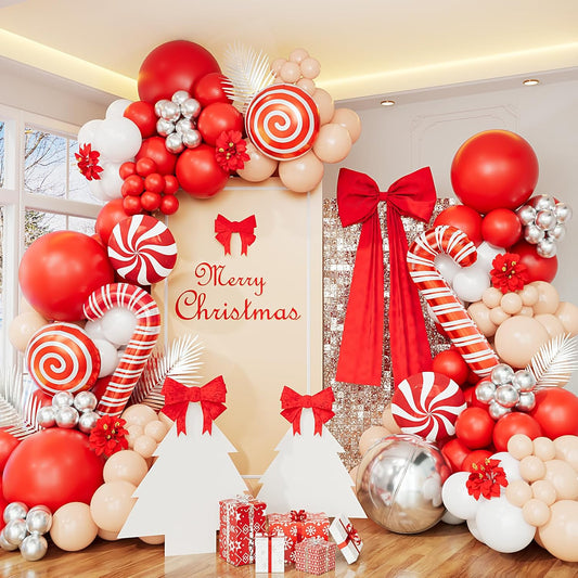Christmas Balloon Garland Arch Kit, Red White Silver Apricot Balloons Candy Cane Foil Balloons Christmas Backdrop for Xmas Winter Holiday Party Decorations