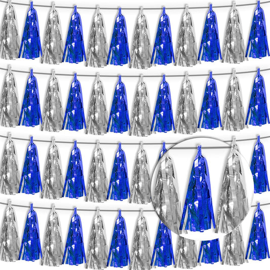 4P Navy-Blue Silver Tassel Banner Garland Metallic Foil Fringe Banner Tinsel Tassels Streamer Banner Backdrop for Parade Floats, Graduation Bridal/Baby Shower Retirement Party Decorations