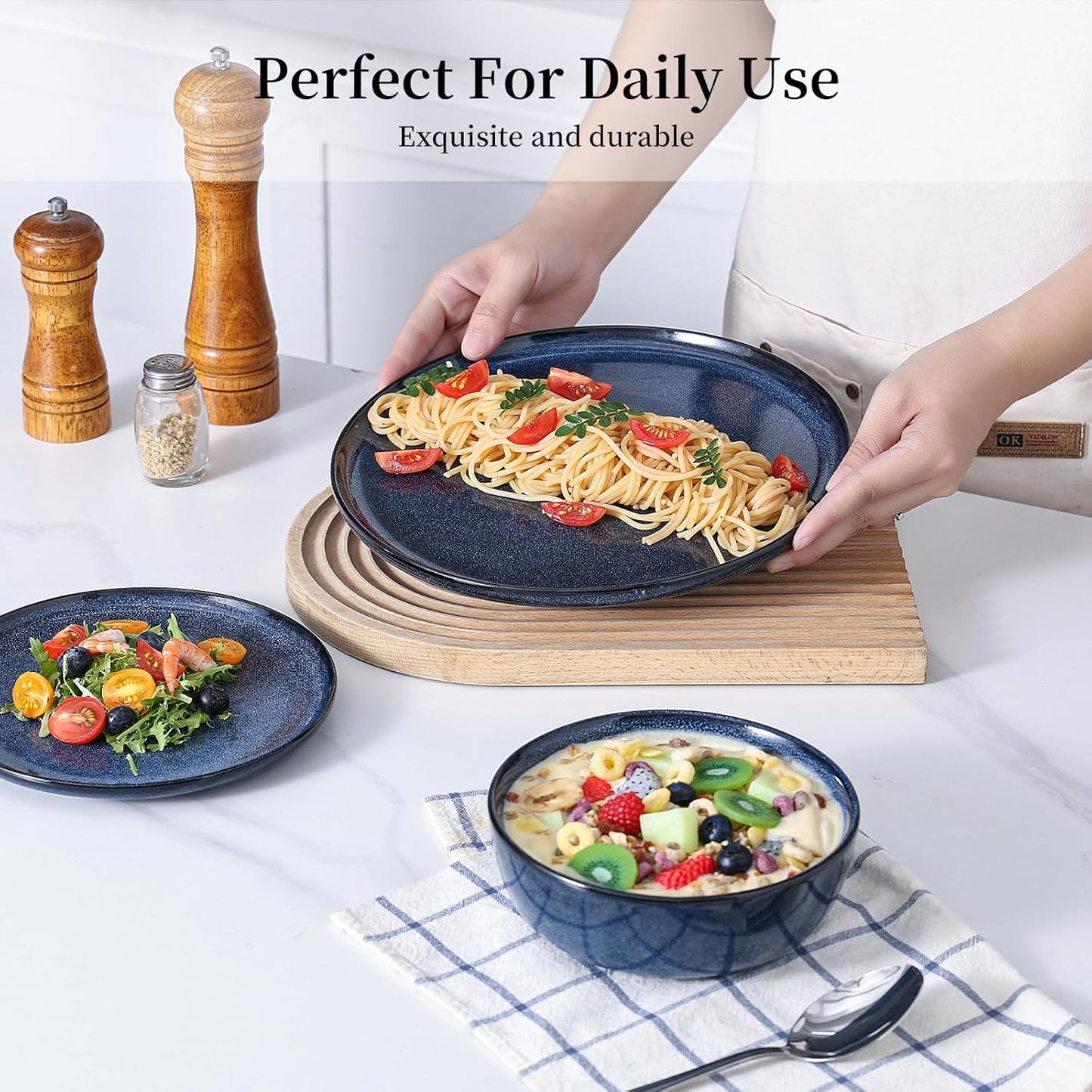 Dinner Plates Set of 6: Ceramic 10.7 Inch Handmade Reactive Glaze Stoneware Plate for kitchen, Modern Dinnerware Plates, Microwave & Dishwasher Safe, Scratch Resistant (Blue)