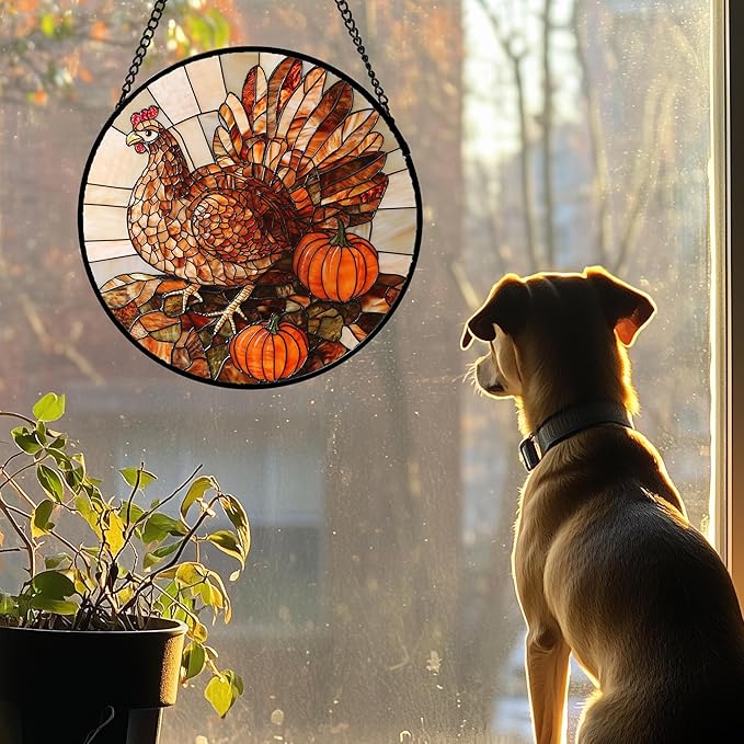 Stained Glass Window Hanging 4 Pcs Set Brown Turkey Berry Corn 6.3" - Suncatcher Door Garden Sun Catcher Decor Birthday Thanksgiving Mother's Day for Mom Woman Nana Men