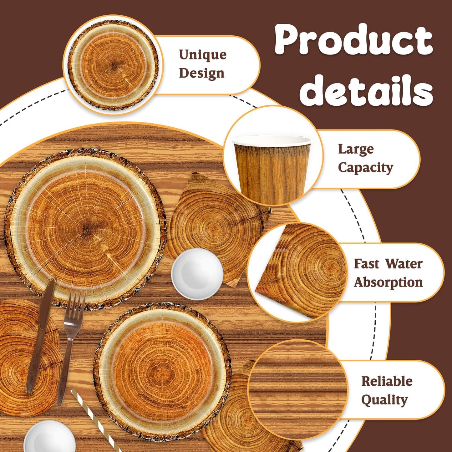 141pcs Camping Wood Grain Slice Party Decorations,Party setIncludes Dinner Plate Dessert Plate Paper Napkin Cup Knife Fork Straws Tablecloth Fire Camping Woodland Animal Lumberjack Supplies set