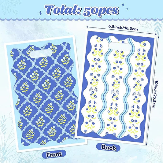 50Pcs Coastal Wavy Flower Party Favor Bag - Blue Floral Plastic Waterproof Goodie Bag Spring Vintage Rectangular Gift Pack for Kids Birthday Bachelorette Baby Shower Decor Garden Party Supplies