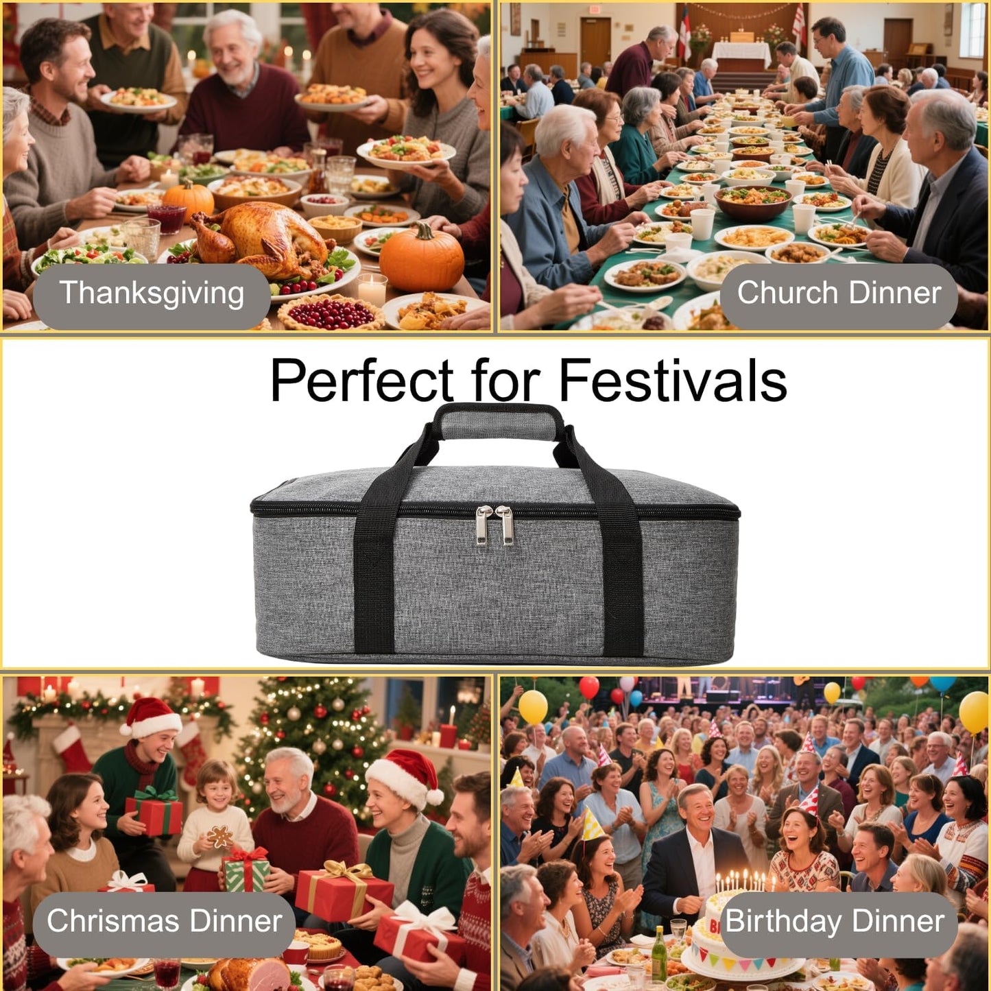 Insulated Casserole Carrier Bag - Double Decker Portable Lunch Transport Tote Bag Fits 9"x13" Lasagna Baking Dish to Keep Food Hot/Cold for Gathering/Potluck Parties/Cookouts/Picnics -Gray